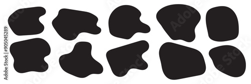 Abstract organic shapes set. Irregular liquid forms collection. Black amoeba blobs, blotches, drops and stains pack. Different design elements for label, sticker, banner, bubble, label.