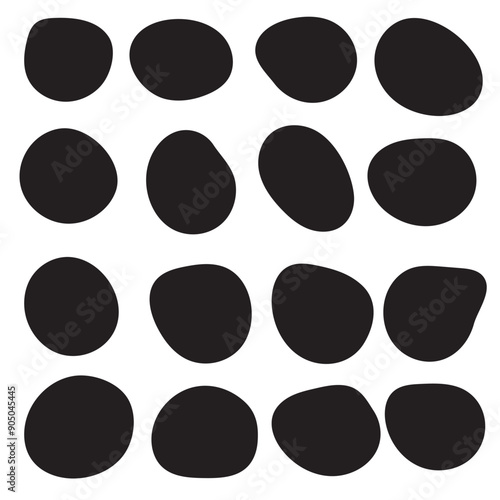 Abstract organic shapes set. Irregular liquid forms collection. Black amoeba blobs, blotches, drops and stains pack. Different design elements for label, sticker, banner, bubble, label.