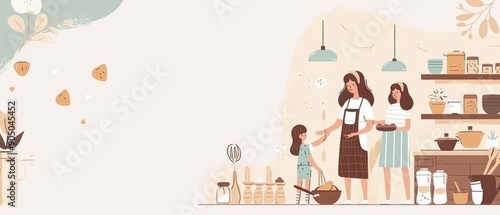 Illustration of a happy family baking together in a cozy kitchen setting with various utensils, ingredients, and decor.