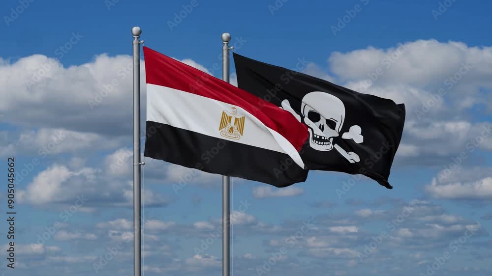 Egypt and Jolly Roger or pirate flags flying together, video concept of the relationship Egypt and Jolly Roger or pirate flags flying together, video concept of the relationship