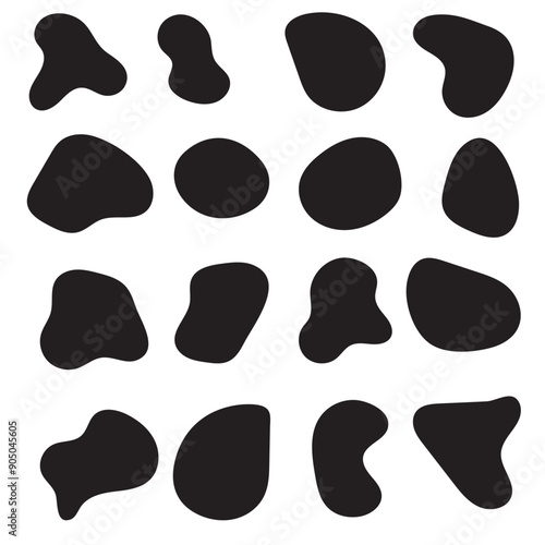 Abstract organic shapes set. Irregular liquid forms collection. Black amoeba blobs, blotches, drops and stains pack. Different design elements for label, sticker, banner, bubble, label.