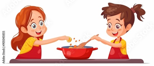 Two kids happily cooking together in the kitchen, wearing red aprons and stirring ingredients in a pot.