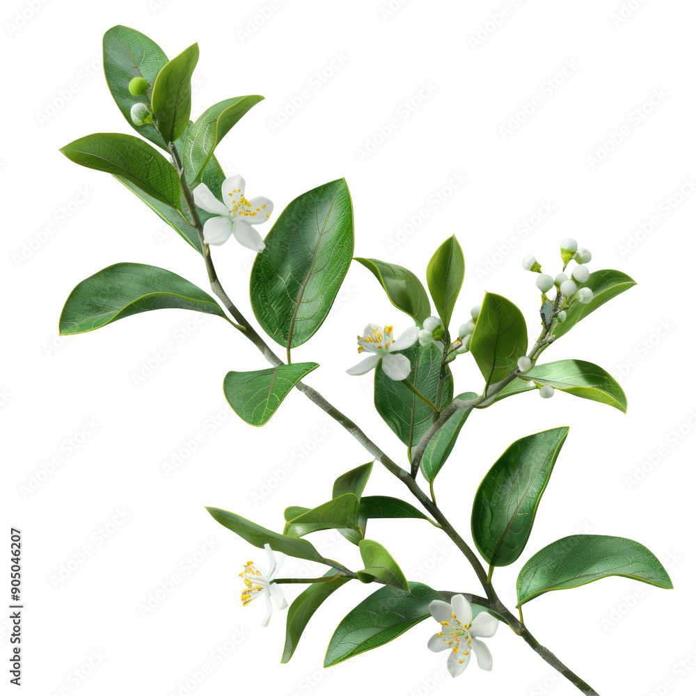 Lemon tree branch with green leaves and flowers on transparent background Lemon tree branch with green leaves and flowers on transparent background