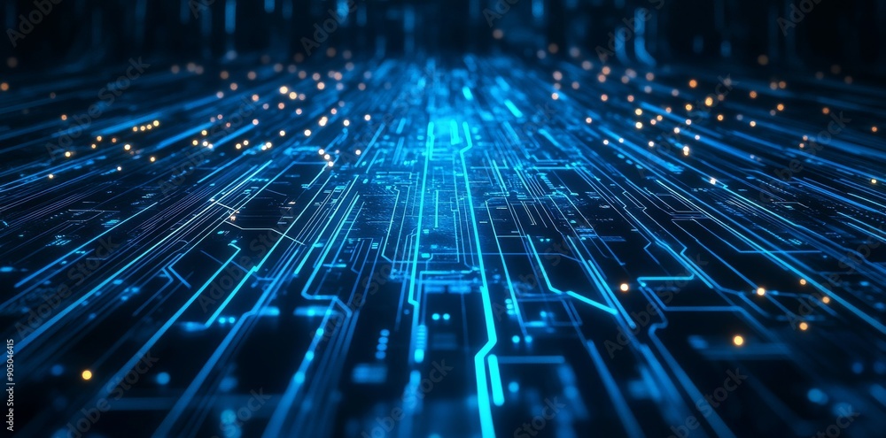 Abstract blue technology background with futuristic digital interface and circuit board elements, glowing lines in the center of dark space Abstract blue technology background with futuristic digital interface and circuit board elements, glowing lines in the center of dark space