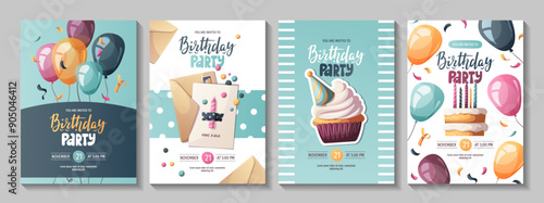 Birthday invitation set with cakes, cupcake, and balloons. Birthday party, celebration, congratulations, invitation concept. Vector illustration.