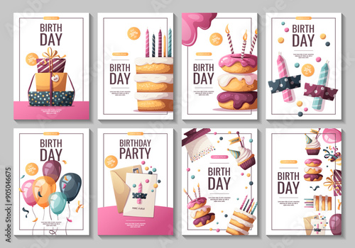 Set of Birthday flyers with cakes, gifts, balloons, party hat, donuts, cupcake. Birthday party, celebration, congratulations, invitation concept. Vector illustration. 