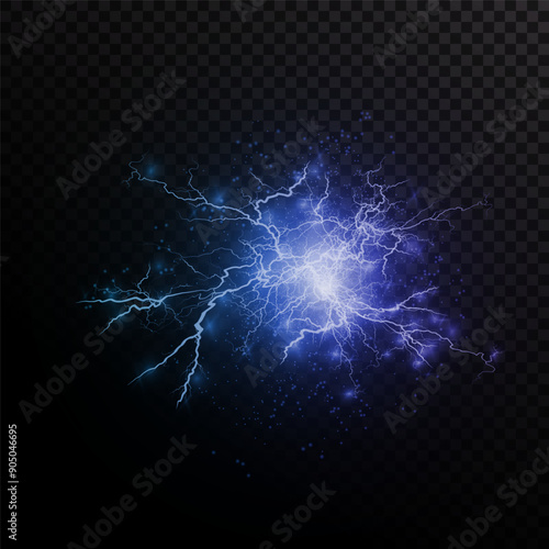 Lightning flash light thunder sparks on a transparent background.Fire and ice fractal lightning, plasma power backgroundvector illustration. Lightning PNG.	
