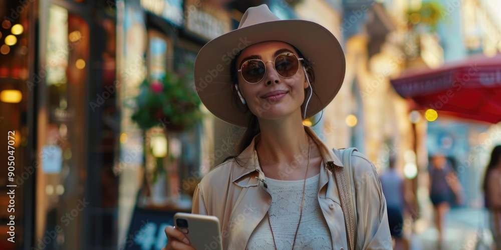 A woman wearing a hat and sunglasses uses her cell phone outside A woman wearing a hat and sunglasses uses her cell phone outside