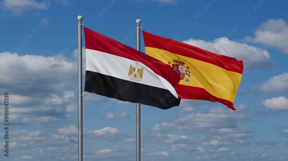Spain and Egypt flags flying together, video concept of the relationship, two country cooperation concept Spain and Egypt flags flying together, video concept of the relationship, two country cooperation concept