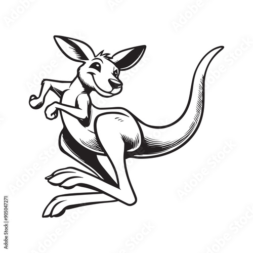 Kangaroo Silhouette - Kangaroo Clipart - A Kangaroo Playful Hop illustration in black and white