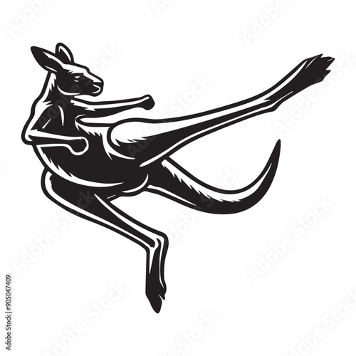 Kangaroo Silhouette - Kangaroo Clipart - A Kangaroo Powerful Kick illustration in black and white