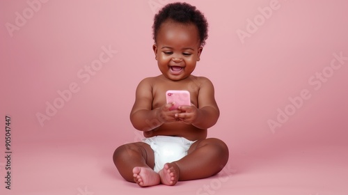 Cute little baby girl wearing diaper and playing with smart phone in studio, Kids and screen time