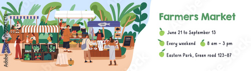 Farmers market, web banner design. Local farm vegetables and fruits at outdoor fair, marketplace promotion template. Advertising background, domestic natural produce. Flat vector illustration