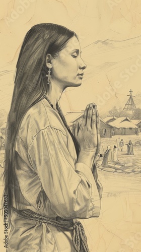 St. Kateri Tekakwitha in Native American Village Holding Cross, Biblical Illustration, Beige Background, Copyspace , Biblical Illustration photo