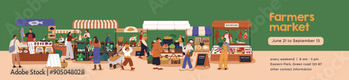 Farm market, web banner design. Local eco vegetables, domestic farmers produce. Fresh organic natural marketplace, festival, fair, long promotion background, header template. Flat vector illustration