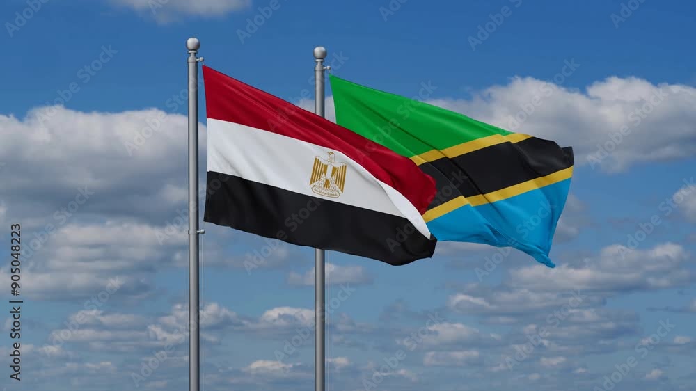 Tanzania and Egypt flags flying together, video concept of the relationship, two country relations concept Tanzania and Egypt flags flying together, video concept of the relationship, two country relations concept