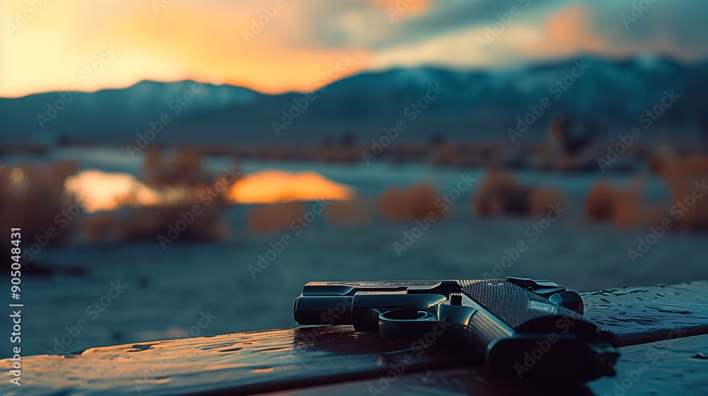 Handgun resting on a wooden surface at sunset with mountains Handgun resting on a wooden surface at sunset with mountains