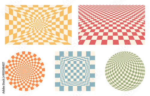 Checkered background in perspective. Set of abstract vector patterns. Checkered walls and floor receding into the distance. Collection of rectangular and round backgrounds with cells in perspective.