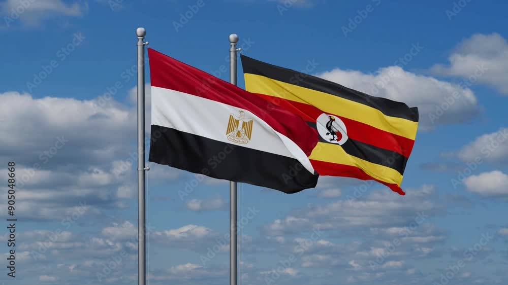 Republic of Uganda and Egypt flags flying together, video concept of the relationship, two country cooperation concept Republic of Uganda and Egypt flags flying together, video concept of the relationship, two country cooperation concept