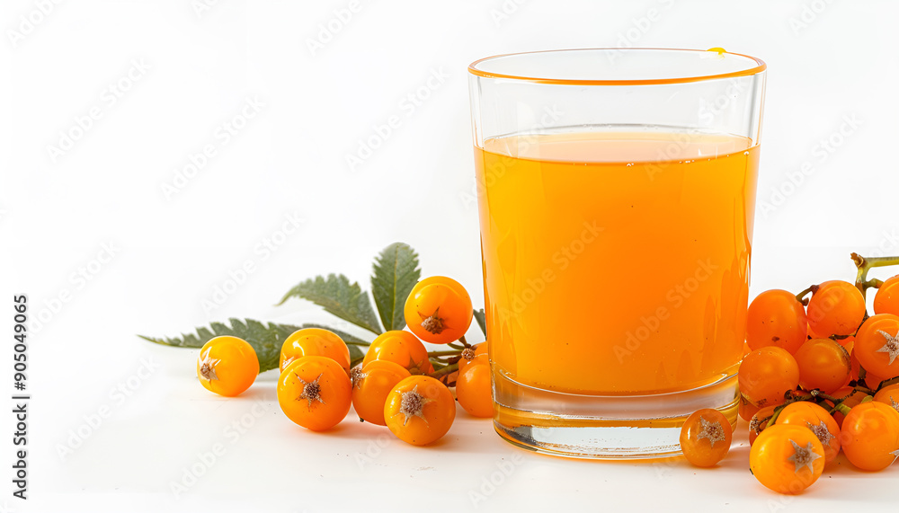 Sea buckthorn juice in a glass is isolated on a white background Sea buckthorn juice in a glass is isolated on a white background