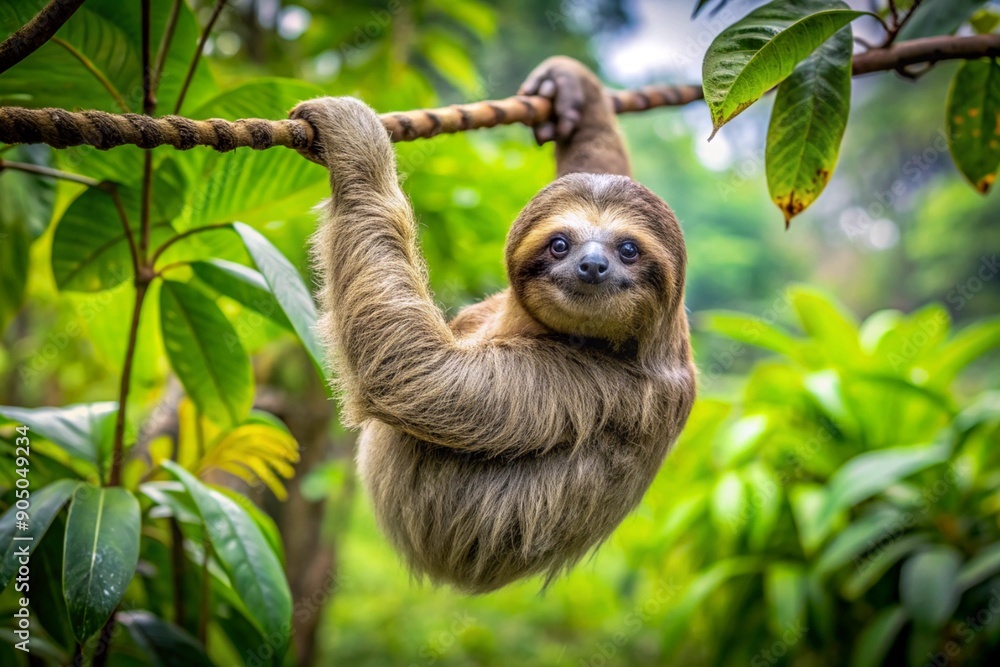 Fototapeta premium A sloth hanging from a tree in the Amazon rainforest