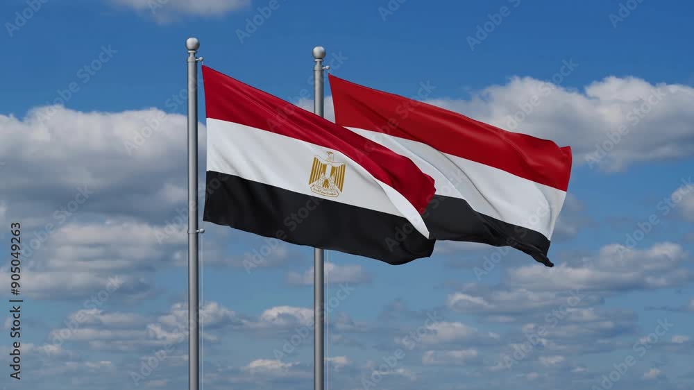 Yemen and Egypt flags flying together, video concept of the relationship, two country cooperation concept Yemen and Egypt flags flying together, video concept of the relationship, two country cooperation concept