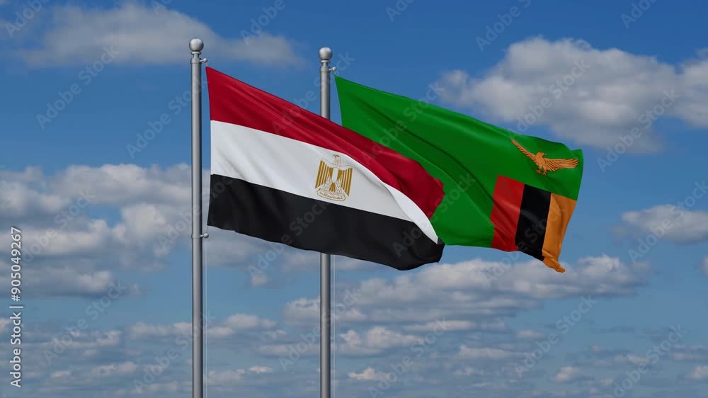 Zambia and Egypt flags flying together, video concept of the relationship, two country cooperation concept Zambia and Egypt flags flying together, video concept of the relationship, two country cooperation concept