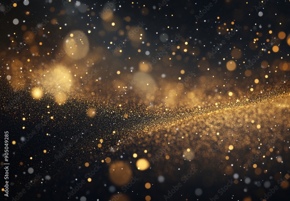 Fototapeta premium It is sparkling with glittering tails that spread out light magic confetti, forming a comet wave that has a gold surface behind it. Glittering tails glitter with golden glitter forming a shine wave,