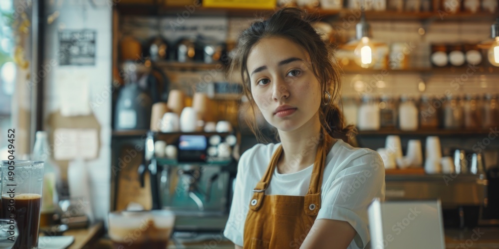 A woman stands at the counter in a cozy coffee shop, ready to order A woman stands at the counter in a cozy coffee shop, ready to order