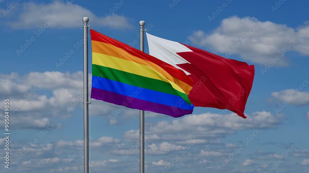 Bahrain and LGBT movement flags flying together, video concept of the relationship, two country relations concept Bahrain and LGBT movement flags flying together, video concept of the relationship, two country relations concept