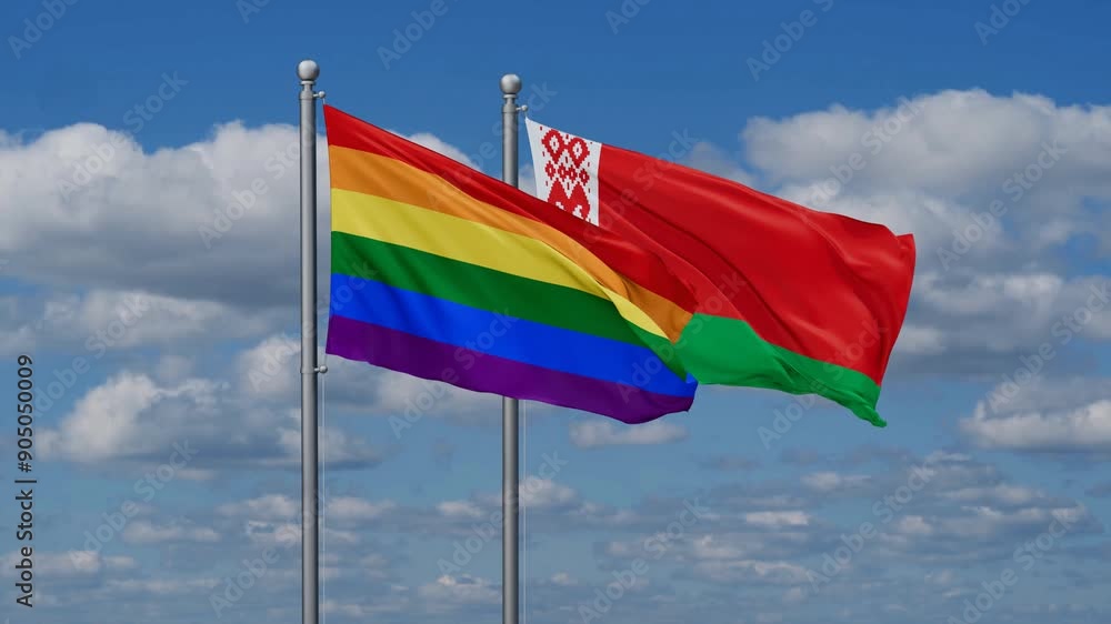 Belarus and LGBT movement flags flying together, video concept of the relationship, two country cooperation concept Belarus and LGBT movement flags flying together, video concept of the relationship, two country cooperation concept