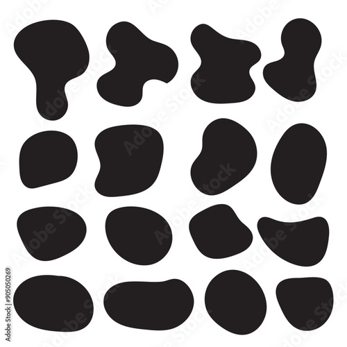 Set of liquid organic shapes, irregular form in vibrant style. Simple freeform, asymmetric blob. Random deformed abstract figures. Modern uneven blots set on white background.