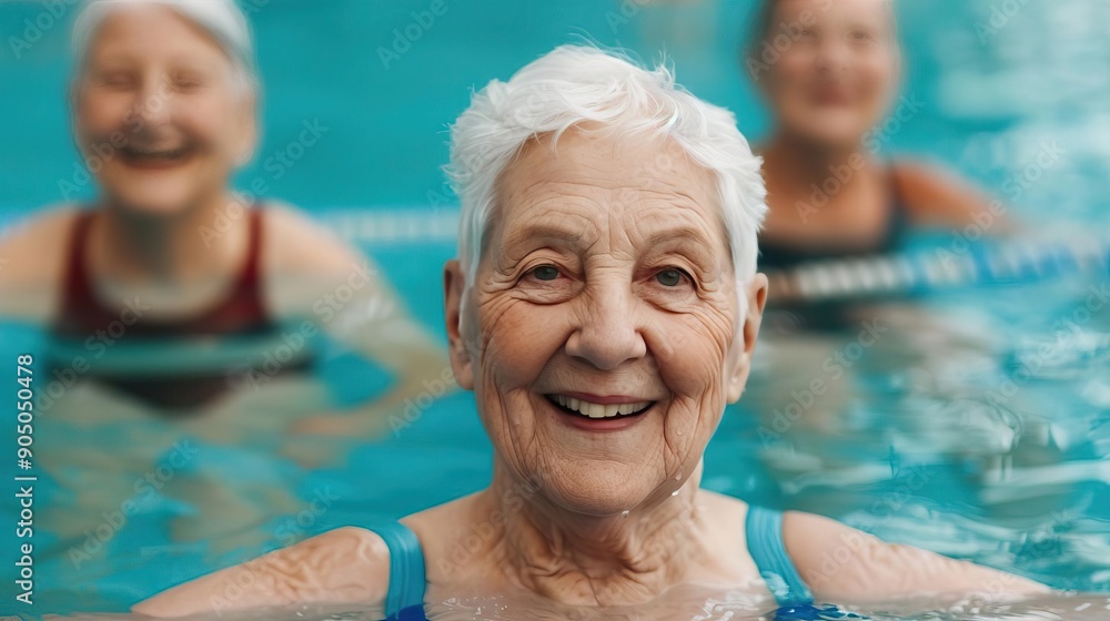 Fototapeta premium Happy elderly people in pool, engaging in water aerobics, wellness and fitness, joyful expressions, empty copy space