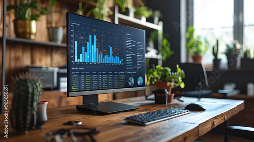 setup oficina moderna, monitor de ordenador muestra datos y gráficos