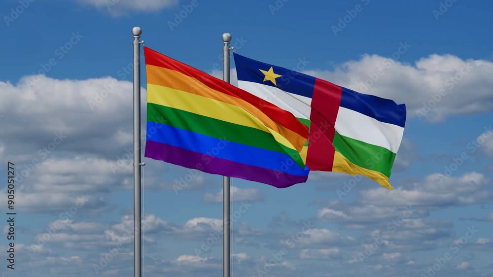 Central African Republic and LGBT movement flags flying together, video concept of the relationship, two country relations concept Central African Republic and LGBT movement flags flying together, video concept of the relationship, two country relations concept