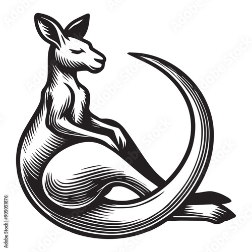 Kangaroo Silhouette - Kangaroo Clipart - A Kangaroo Resting on Tail illustration in black and white