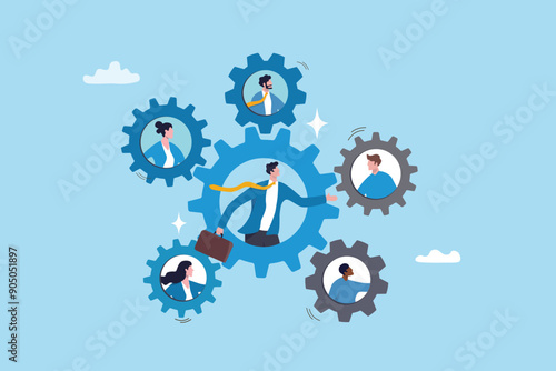 Roles and responsibilities, teamwork or resource management, work delegation, role definition or supervision, job position or organization concept, business man on gear cogwheels work with employees.