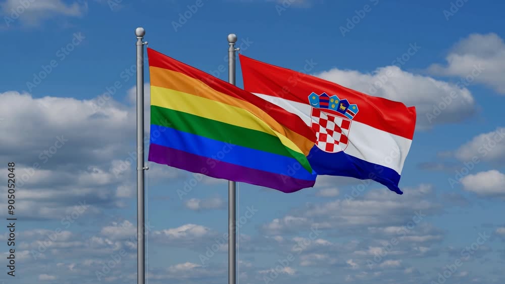 Croatia and LGBT movement flags flying together, video concept of the relationship, two country cooperation concept Croatia and LGBT movement flags flying together, video concept of the relationship, two country cooperation concept