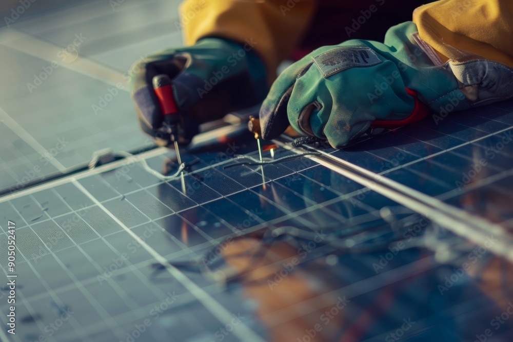 A person wearing gloves is soldering wires on a damaged solar panel, fixing it, Hands wearing gloves soldering wires on a damaged solar panel A person wearing gloves is soldering wires on a damaged solar panel, fixing it, Hands wearing gloves soldering wires on a damaged solar panel
