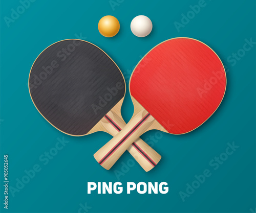 Banner rackets and balls for ping pong. For games, championships and advertising. Isolated on green background. Vector.