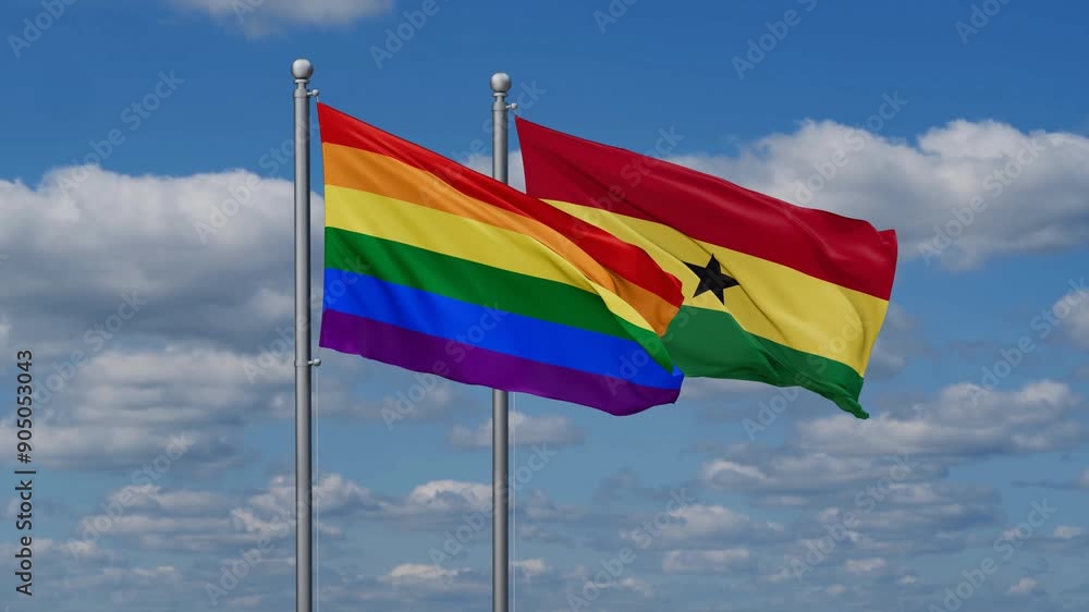 Ghana and LGBT movement flags flying together, video concept of the relationship, two country relations concept Ghana and LGBT movement flags flying together, video concept of the relationship, two country relations concept