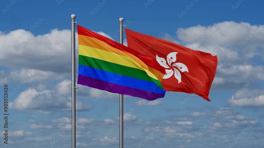 Hong Kong and LGBT movement flags flying together, video concept of the relationship, two country relations concept Hong Kong and LGBT movement flags flying together, video concept of the relationship, two country relations concept
