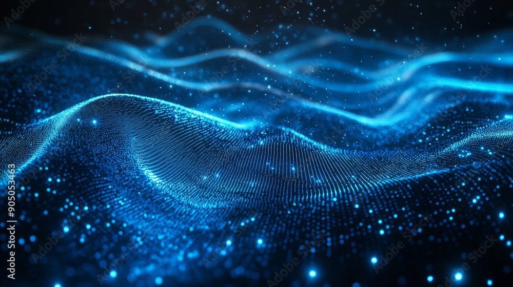 Abstract blue glowing dots background with a futuristic wave of particles for a digital technology and science concept. Abstract blue glowing dots background with a futuristic wave of particles for a digital technology and science concept.