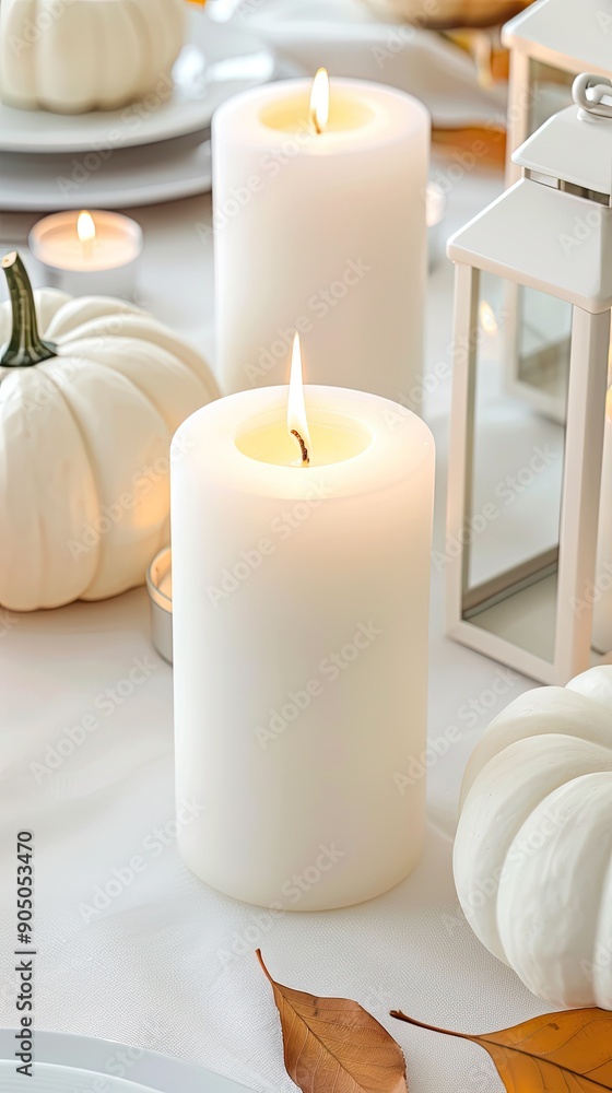 Cozy Autumn Table Setting With White Pumpkins and Candles Cozy Autumn Table Setting With White Pumpkins and Candles