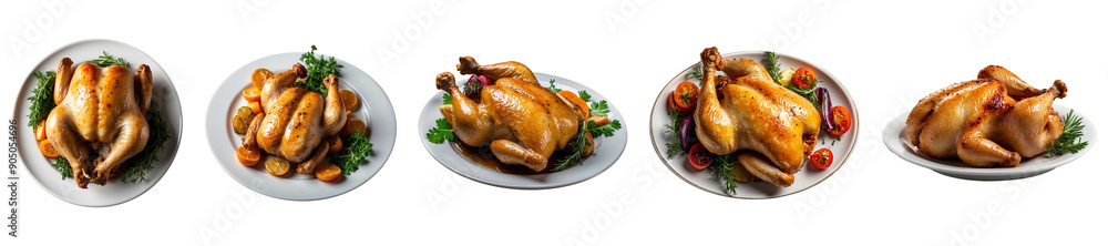 Homemade Crispy A full roasted chicken with Lemon, potatoes and vegetables on a plate isolated on a transparent background png Homemade Crispy A full roasted chicken with Lemon, potatoes and vegetables on a plate isolated on a transparent background png