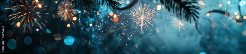 Fototapeta premium Spectacular 2025 New Year's Eve Celebration Panorama: Dazzling Fireworks Illuminating Deep Blue Night Sky. Creative Pattern for Festive Marketing and 4K High-Definition Wallpaper Background Showcasin