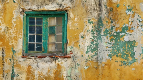 Aged green window beside deteriorating wall