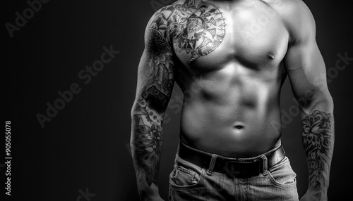 Photo recadrée d'un homme tatoué, sur un arrière-plan noir