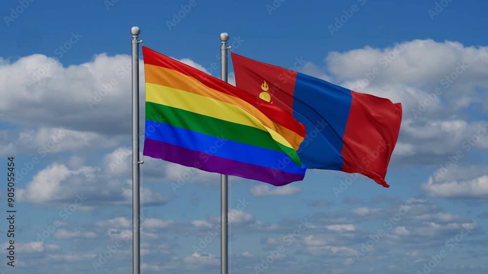 Mongolia and LGBT movement flags flying together, video concept of the relationship, two country cooperation concept Mongolia and LGBT movement flags flying together, video concept of the relationship, two country cooperation concept