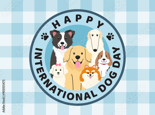 Happy International Dog Day greeting card vector design. Cute dogs logo badge on baby blue gingham background